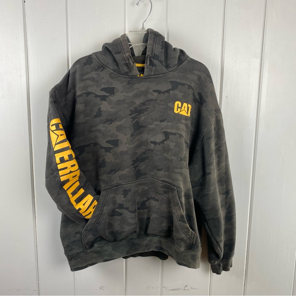 Caterpillar CAT Hoodie Mens XXL Gray Camouflage Distressed Sweatshirt  Workwear